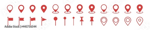 map pin location sign set. pushpin push tag place marker red needle paper board isolated on white background