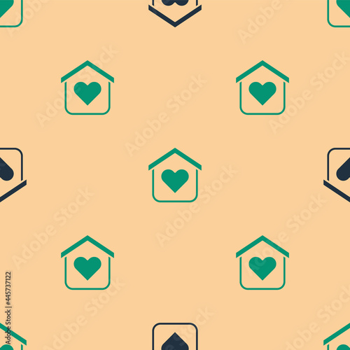 Green and black Shelter for homeless icon isolated seamless pattern on beige background. Emergency housing, temporary residence for people, bums and beggars without home. Vector
