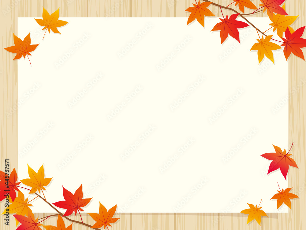 木の板と紅葉の背景　Wooden Board and Autumn Plants Background