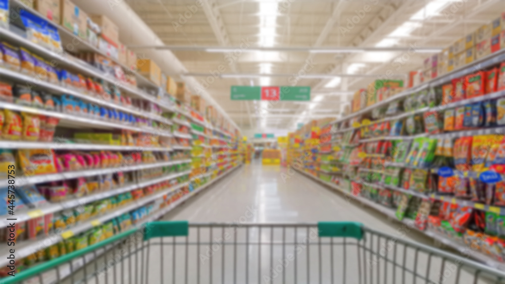 Blurred image of supermarket aisle and shelves defocused blurry background with bokeh light in-store, business concept
