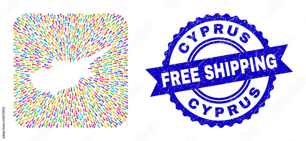 Vector collage Cyprus map of leaving arrows and rubber Free Shipping seal stamp. Collage Cyprus map designed as stencil from rounded square with leaving arrows.