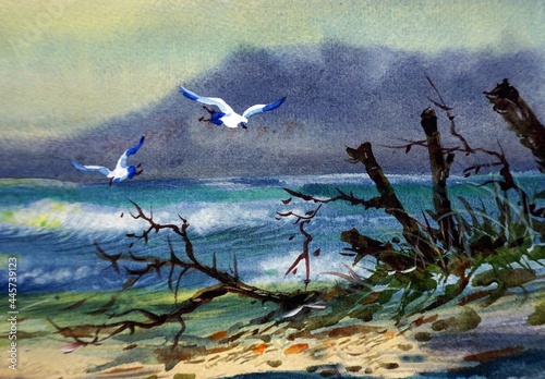 professional artist masterpieces painting hand drawn watercolor acrylic painting wave sea beach breeze windy seashore poster color from phuket thailand academy of art gallery birds are flying.