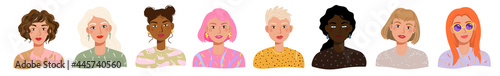 Portraits of beautiful different women with various hair, skin, clothes, face. Vector avatars set of diversity female characters in cartoon flat style isolated on white. Trendy girls portraits looks
