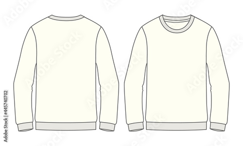Crew neck Long sleeve Sweatshirt overall fashion Flat Sketches technical drawing vector template For men's. Apparel dress design mockup CAD illustration. Sweater fashion design isolated on white.