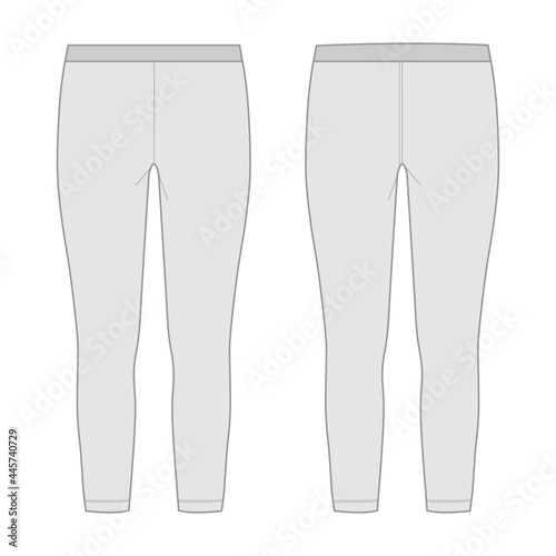  Sport leggings fashion CAD Technical sketch vector template. Woman's lounge or yoga leggings overall slim fit drawing, legging fashion flat with print details.