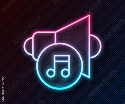 Glowing neon line Speaker volume, audio voice sound symbol, media music icon isolated on black background. Vector