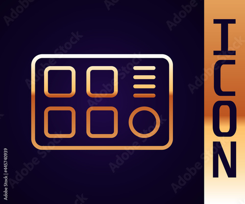 Gold line Drum machine icon isolated on black background. Musical equipment. Vector