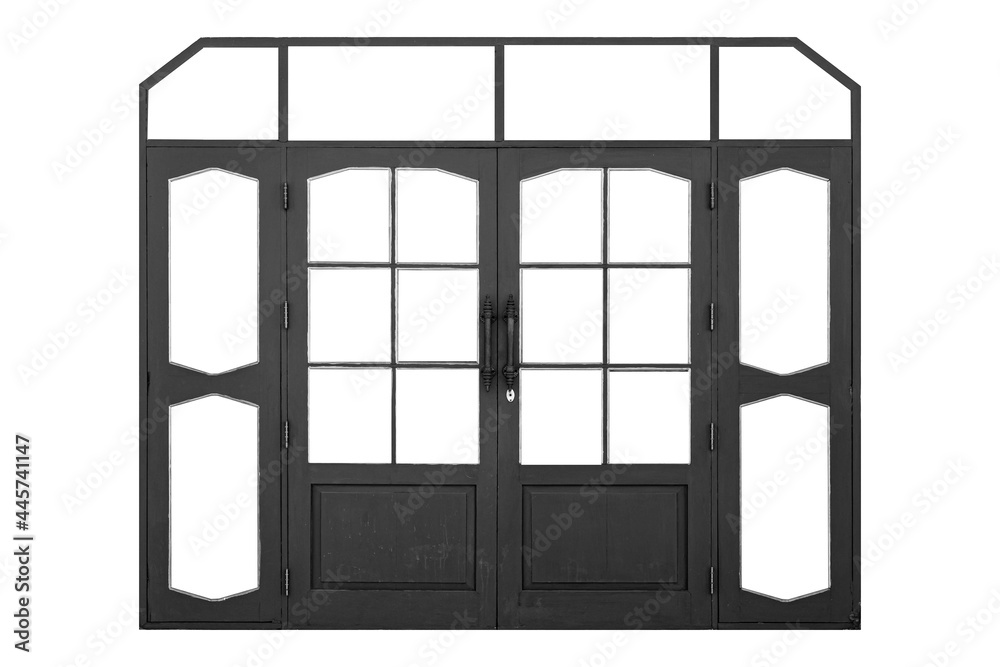 Large black wooden door entrance to the building isolated on a white background