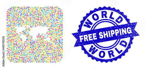 Vector mosaic world map of out arrows and scratched Free Shipping stamp. Mosaic world map designed as stencil from rounded square shape with emigration arrows.