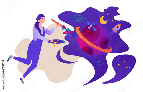 Graphic designer concept. A female illustrator holds a brush and palette, draws a cosmic abstract space. A metaphor for working in the program. Cartoon flat vector illustration on a white background