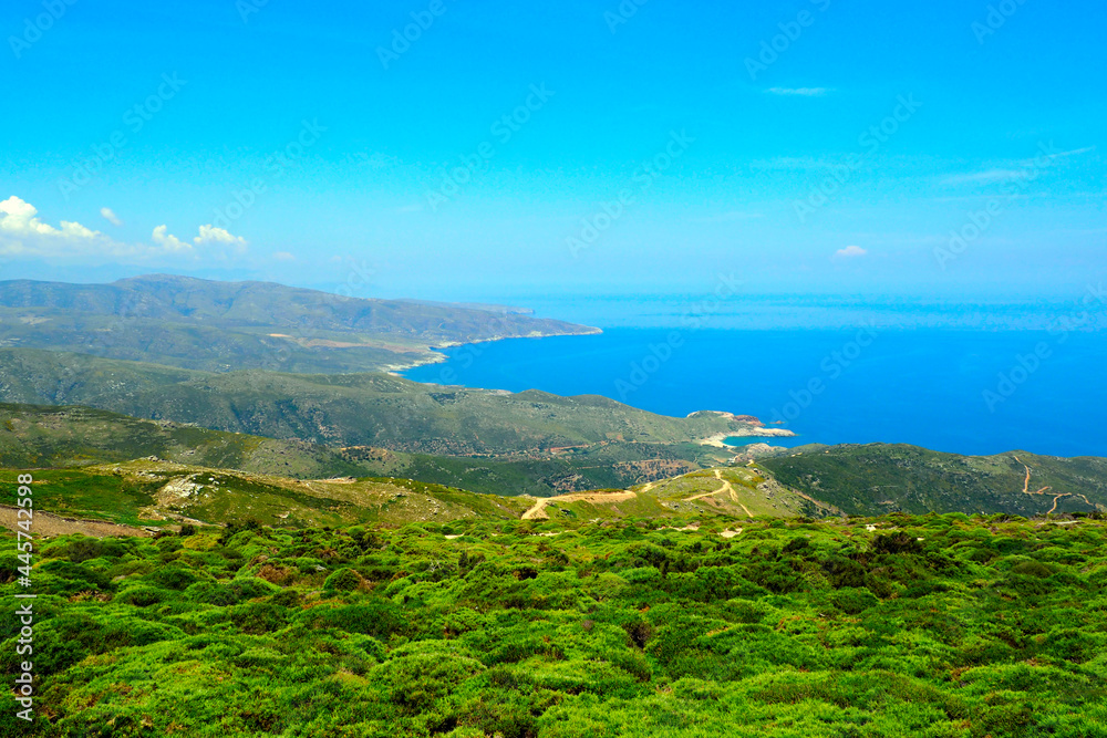 View of the west coast of Andros, famous Cycladic island, in the heart of the Aegean Sea, near Gavrio bay