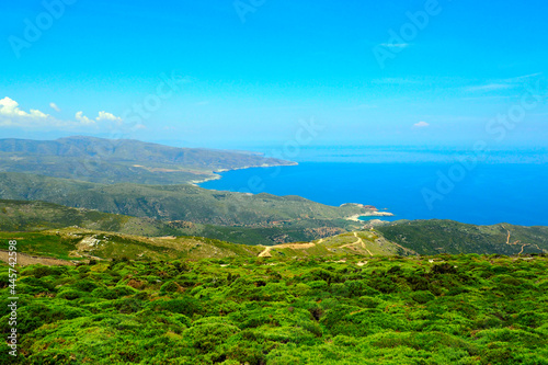 View of the west coast of Andros, famous Cycladic island, in the heart of the Aegean Sea, near Gavrio bay © Mariedofra