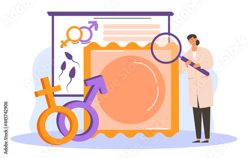 Sex education concept. The doctor tells about diseases that are transmitted sexually. Mandatory contraception to prevent infection. Cartoon is a flat vector illustration isolated on a white background