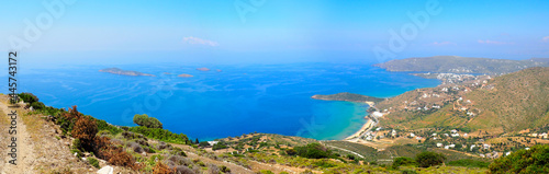 Panoramic view of Agios Petros beach and Gavrio bay on Andros  famous Cycladic island  in the heart of the Aegean Sea