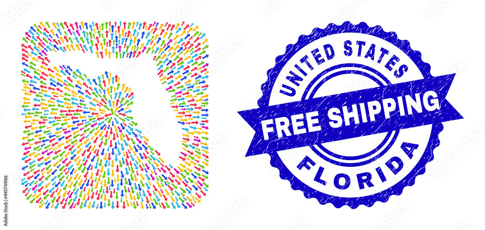 Vector mosaic Florida State map of pointing arrows and rubber Free Shipping stamp. Mosaic Florida State map designed as stencil from rounded square shape with abandon arrows. Vector mosaic Florida State map of pointing arrows and rubber Free Shipping stamp. Mosaic Florida State map designed as stencil from rounded square shape with abandon arrows.