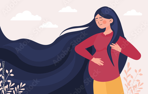 Pregnancy and motherhood concept. An expectant mother with long hair strokes her stomach. A happy woman with a child under her heart. Modern flat minimalistic illustration for banners and posters