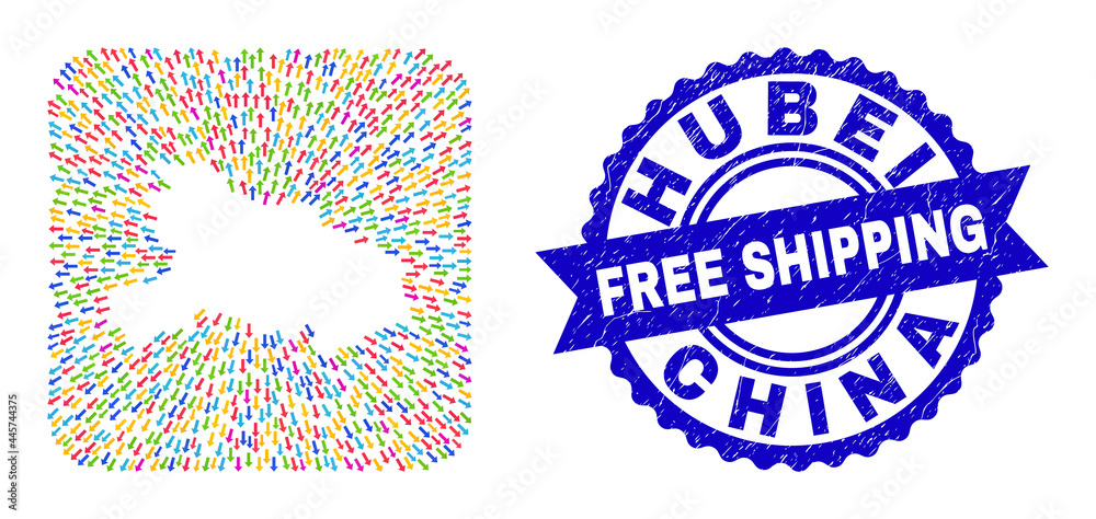 Vector mosaic Hubei Province map of out arrows and rubber Free Shipping stamp. Mosaic Hubei Province map designed as carved shape from rounded square shape with migration arrows. Vector mosaic Hubei Province map of out arrows and rubber Free Shipping stamp. Mosaic Hubei Province map designed as carved shape from rounded square shape with migration arrows.