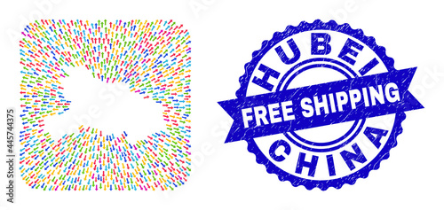 Vector mosaic Hubei Province map of out arrows and rubber Free Shipping stamp. Mosaic Hubei Province map designed as carved shape from rounded square shape with migration arrows.