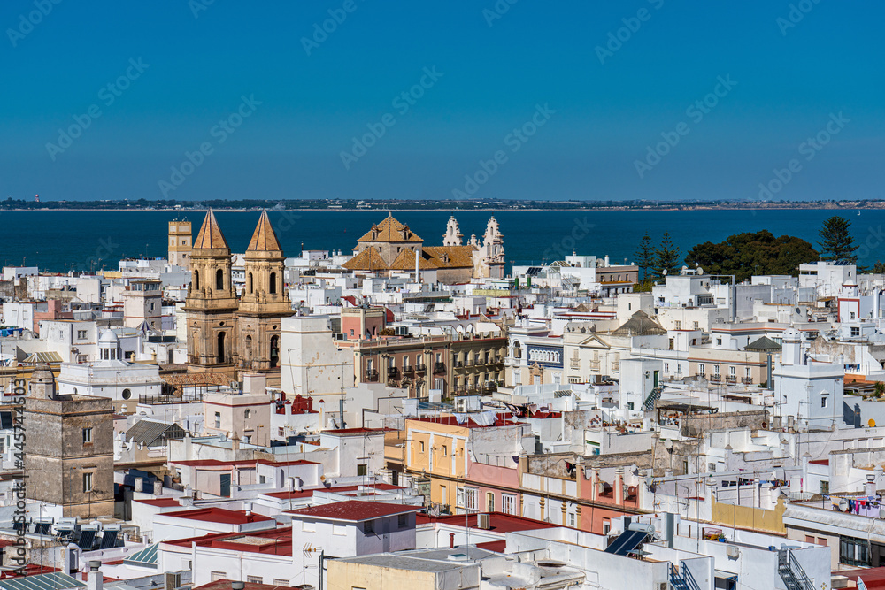 View of the old city rooftops from tower Tavira in Cadiz, Andalusia, Spain
