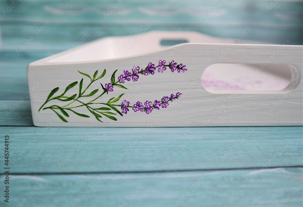decorated tray with lavender sprigs provence style on turquoise background
