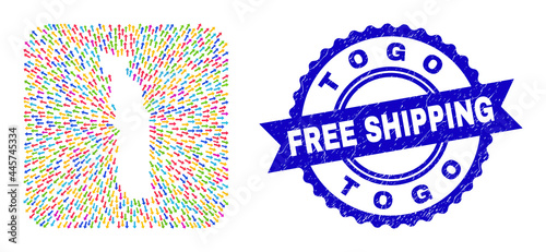 Vector mosaic Togo map of straight arrows and rubber Free Shipping badge. Mosaic Togo map created as carved shape from rounded square shape with pointing arrows.