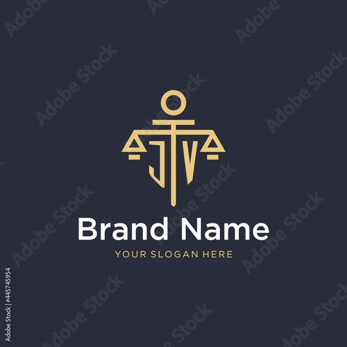 JV initial monogram logo with scale and pillar style design
