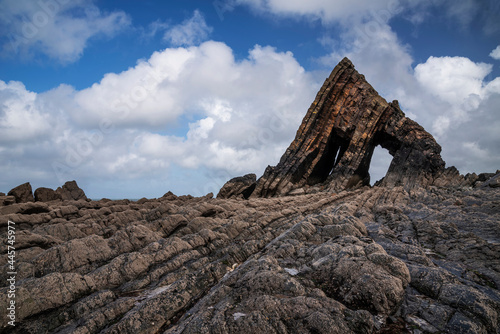 Beautiful landscape image of Blackchurch Rock on Devonian geological formation on beautiful Spring day