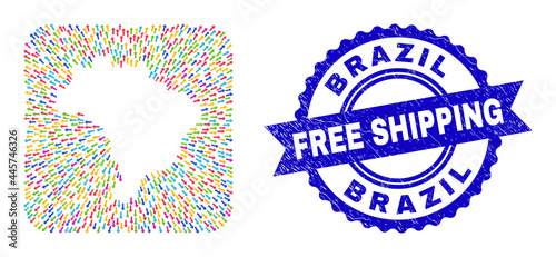 Vector mosaic Brazil map of movement arrows and rubber Free Shipping seal. Mosaic Brazil map created as carved shape from rounded square shape using emigration arrows.