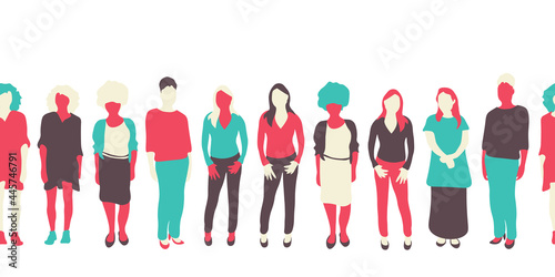 Beautiful trendy women flat illustration. Togetherness, team, social concept. Diverse stylish women isolated on transparent background.