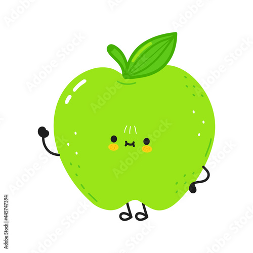 Cute funny green apple character. Vector hand drawn cartoon kawaii character illustration icon. Isolated on white background. Green apple character concept