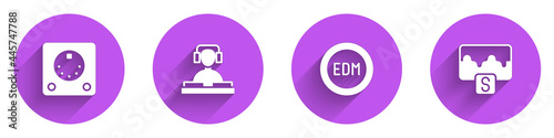 Set Drum machine, DJ playing music, EDM electronic dance and Music wave equalizer icon with long shadow. Vector