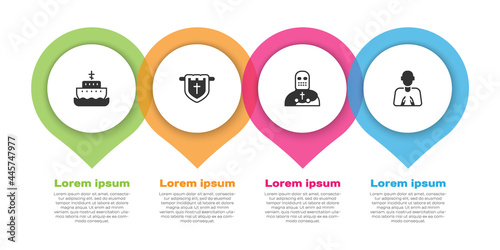 Set Ark of noah, Flag with christian cross, Knight crusader and Hands in praying position. Business infographic template. Vector