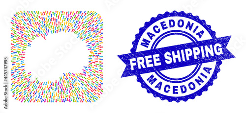 Vector collage Macedonia map of evacuation arrows and scratched Free Shipping badge. Collage Macedonia map created as subtraction from rounded square shape using pointer arrows.