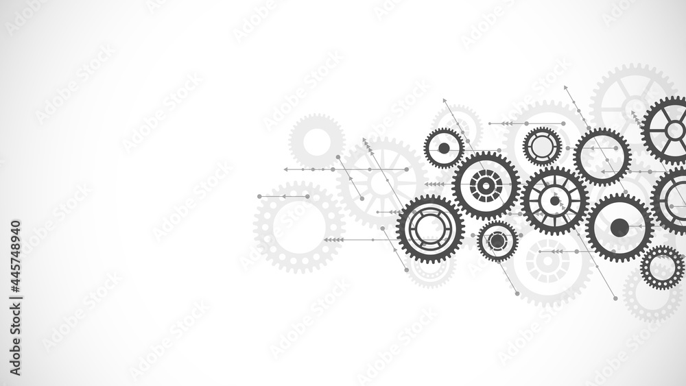 Cogs and gear wheel mechanisms. Concepts and ideas for hi-tech digital technology and engineering design. Abstract technical background of mechanical engineering