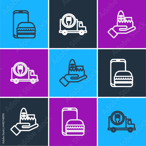 Set line Online ordering and delivery, and Fast by car icon. Vector