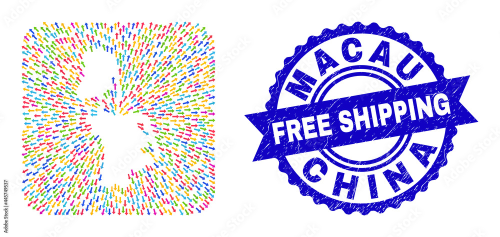 Vector collage Macau map of straight arrows and rubber Free Shipping badge. Mosaic Macau map constructed as carved shape from rounded square shape with leaving arrows. Vector collage Macau map of straight arrows and rubber Free Shipping badge. Mosaic Macau map constructed as carved shape from rounded square shape with leaving arrows.