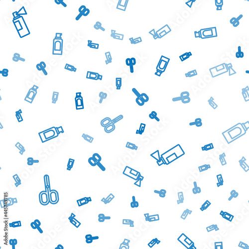 Set line Scissors, Perfume and Spray can for hairspray on seamless pattern. Vector