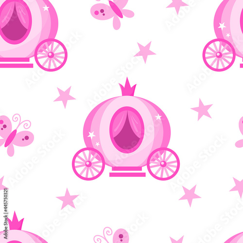 Vector pink cartoon seamless pattern for a wrapping paper, girlish nursery apparel template with butterflies, stars, carriages.