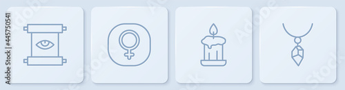 Set line Ancient magic scroll, Burning candle, Venus and Necklace with crystal. White square button. Vector