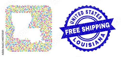 Vector collage Louisiana State map of arrows and rubber Free Shipping stamp. Collage Louisiana State map designed as hole from rounded square with emigration arrows.