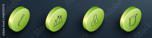 Set Isometric line Bicycle air pump, Award over sports winner podium, seat and lock icon. Vector