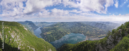 Aerial panoramic view  from viewpoint Banjska stena in National Park Tara, Serbia  with the view of Perucac dam and lake and river and canyon Drina © happyimages