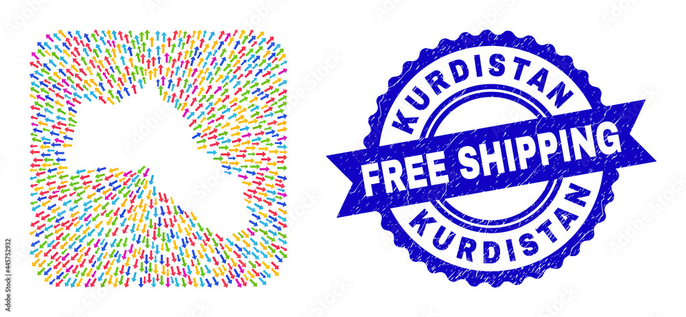Vector mosaic Kurdistan map of delivery arrows and grunge Free Shipping seal. Collage Kurdistan map created as carved shape from rounded square with delivery arrows.