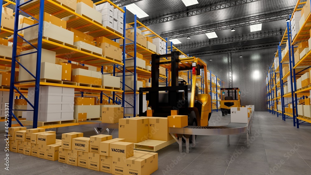 Warehouse with cardboard boxes inside on pallets racks, logistic center. Loft modern warehouse. Cardboard boxes on a conveyor belt in a warehouse, 3D rendering VR 360.
Warehouse with cardboard boxes inside on pallets racks, logistic center. Loft modern warehouse. Cardboard boxes on a conveyor belt in a warehouse, 3D rendering VR 360.