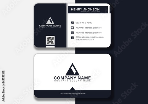Horizontal white dark blue shapes business card Double-sided creative business card template. Portrait and landscape orientation. Horizontal and vertical layout. Vector illustration rounded