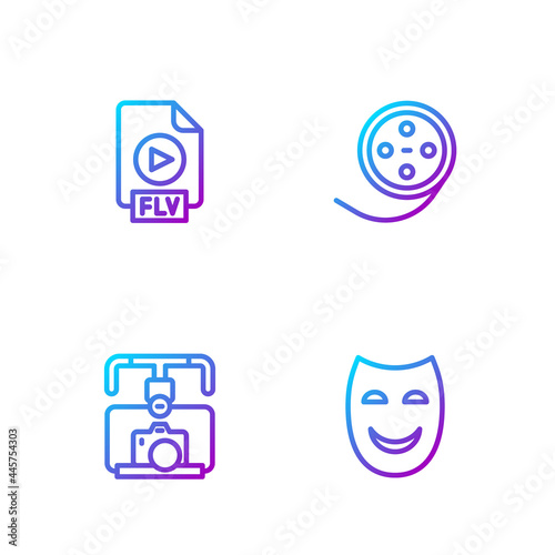 Set line Comedy theatrical mask, Gimbal stabilizer with camera, FLV file document and Film reel. Gradient color icons. Vector