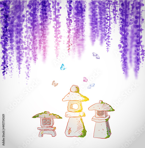 Three mossy stone toro lanterns under the wisteria blossom on white background.