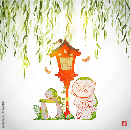 Little Buddha, toro lantern and zen rock sculpture under green willow tree. Japanese zen garden composition on white background. Translation of hieroglyph - happiness