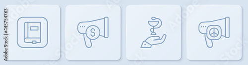 Set line Law book, Caduceus snake medical, Megaphone and dollar and Peace. White square button. Vector