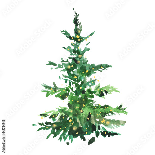 Watercolor hand drawn evergreen pine tree with sparkling garlands  lights  stars. Isolated on white botanical painting art.